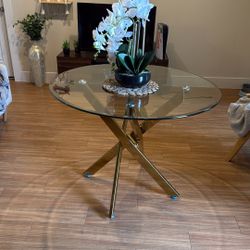 Round Glass Dining Table With Gold Details (Pick Up Only)