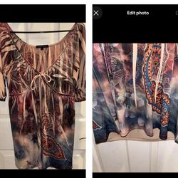 Women’s Size Large Babydoll V-Neck Tunic Top Blouse On Off Shoulder Boho Mandala print