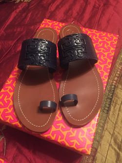 Tory Burch Leather Navy Melinda Toe ring shoe