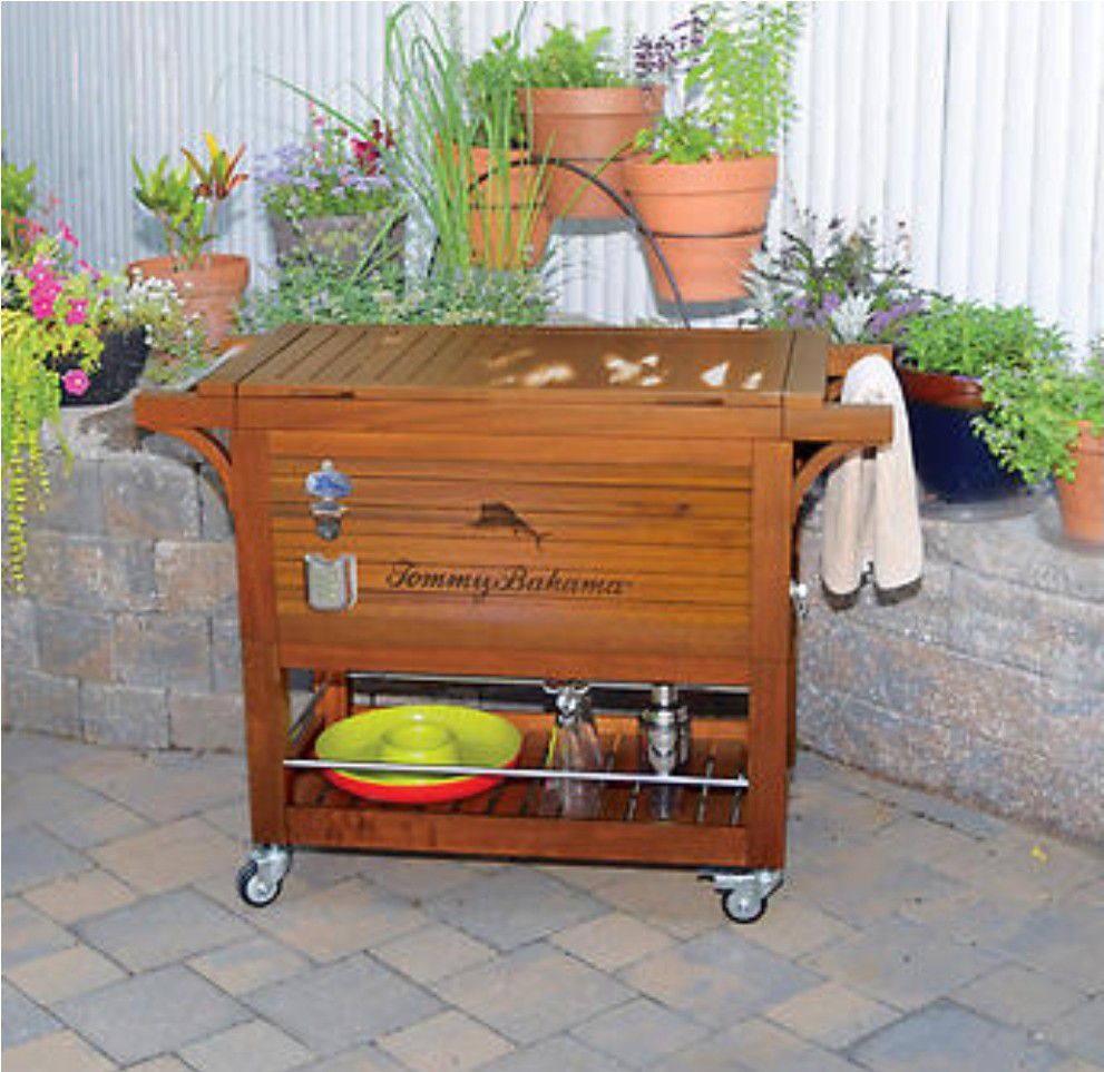 Tommy Bahama Wood Cooler Rolling Ice Chest Bar Cart