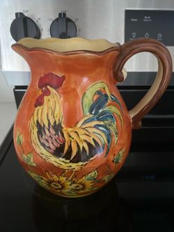 Orange Rooster Ceramic Pitcher Vintage Sunflower Tuscan Orange Large 88 oz Vase $15