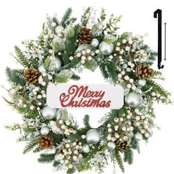 Pinecone Christmas Wreaths with Sign, Wreath & Ajustable Hanger Set, Outdoor/Indoor Holiday Decor for Front Door, Porch & Window, 24in