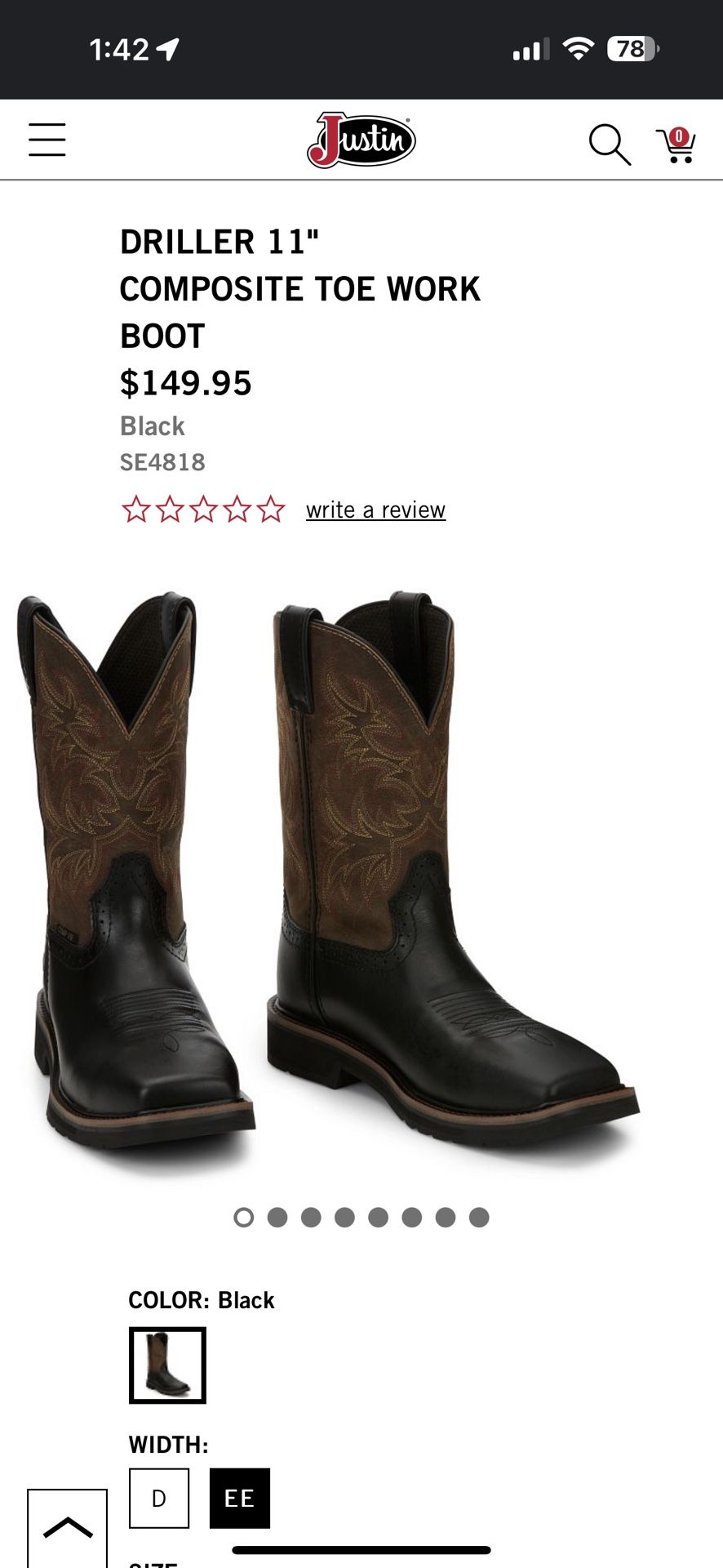 JUSTIN BOOTS DRILLER 11" COMPOSITE TOE WORK BOOT 9 1/2 EE