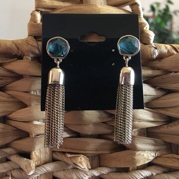 Vintage faux abalone gold chain tassel earrings