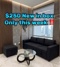Special this week only BRAND NEW IN BOX couch and ottoman with storage