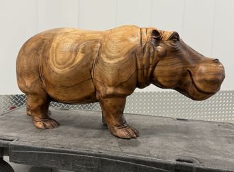 Hand Carved Wooden Hippo Sculpture 