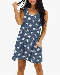 Blue & White Patriotic Star Print 4th of July Dress – Large