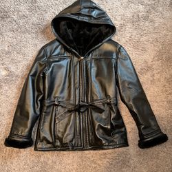 Wilson's Leather Coat Faux Fur Lined Hooded Zipper Black Jacket Medium