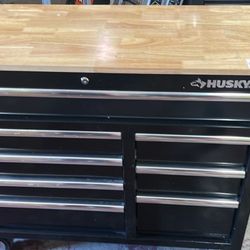 Husky 42 in. W x 18.1 in. D 8-Drawer Black Mobile Workbench Cabinet with Solid Wood Top
