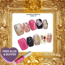 Short Cat-eye Jeweled Glitter Gel Press On Nails 10 Pc Set - FREE GLUE & BUFFER