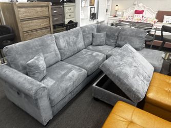 3 Pcs Grey Corduroy Sectional Including Free Storage Ottoman