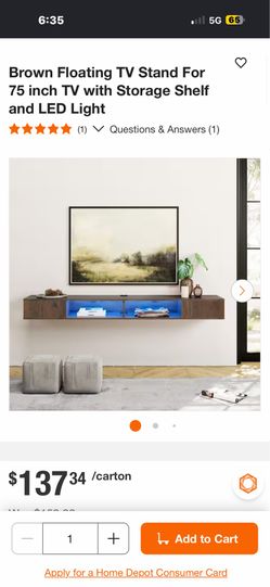 Brown Floating TV Stand For 75 inch TV with Storage Shelf and LED Light