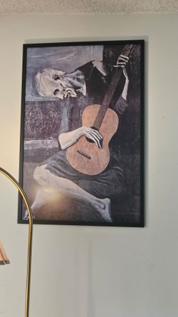 Framed Picasso-Style Guitar Player Canvas Wall Art – Large