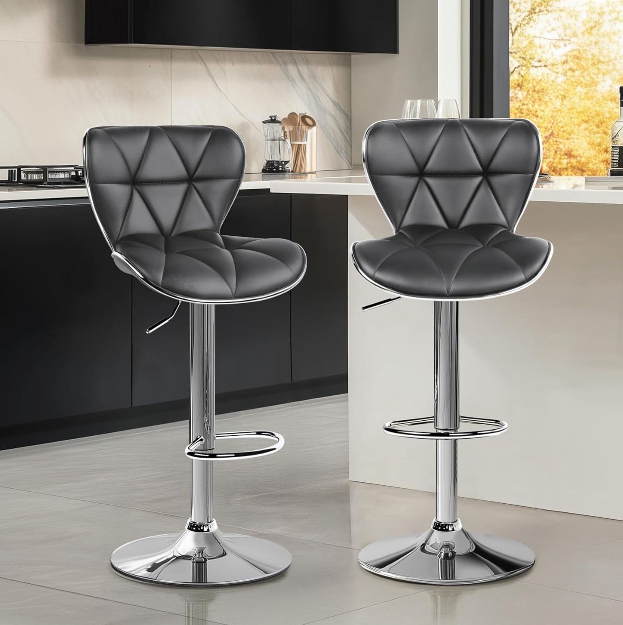 New Bar Stools, Stylish Adjustable PU Leather Swivel Barstools, Counter Height Bar Chair Set of 2 with Foma Padded for Home Kitchen, Grey