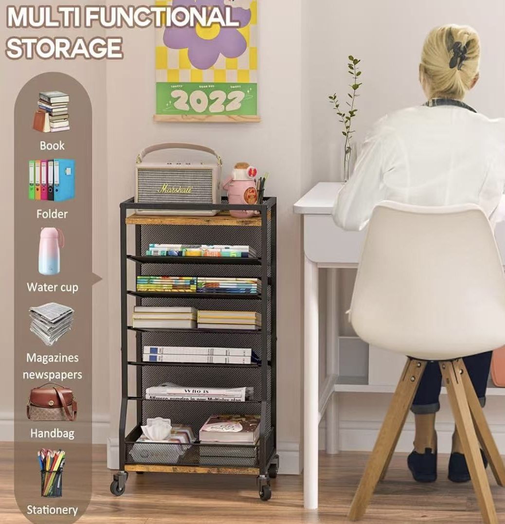 😀 7 Tier Rolling File Cart with Sliding Trays, Wood Metal File Organizer Beside Desk, Free-Standing File Holder, Paper Letter Tray Organizer Mesh Des