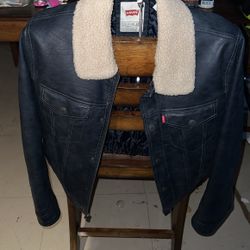 Levi's Blue Faux Pleather Aviator Lined Jacket Small