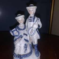 Vintage Porcelain Couple Courting Figurine Statue Sculpture | Blue and White Porcelain Doll Figurine