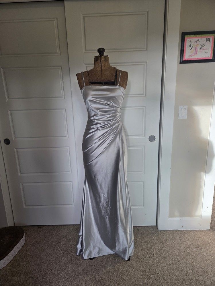 Silver Satin Long Prom Or Homecoming Dress With Slit