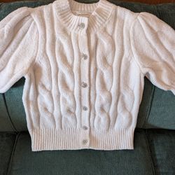 White, Wool Short Sleeve Puff Woven Vintage Style Sweater With Fancy Buttons