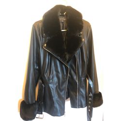 Black Leather Fur Jacket (L)