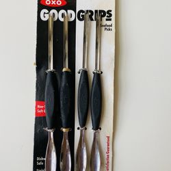 Vintage Antique Seafood Picks. OXO Good Grips. Tines for picking, Spoon for scooping. Stainless steel. Soft Rubber Grip. Won’t slip, even when wet. Di