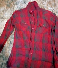 Red and Gray Plaid Flannel Button-Up Shirt