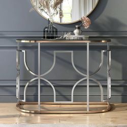 24/7 Shop At Home Adela Modern Art Deco Half-Circle Glass Console Table, Metal Frame Base, For Living Room, Apartment, Office, Small Space, 16.5"D X 4