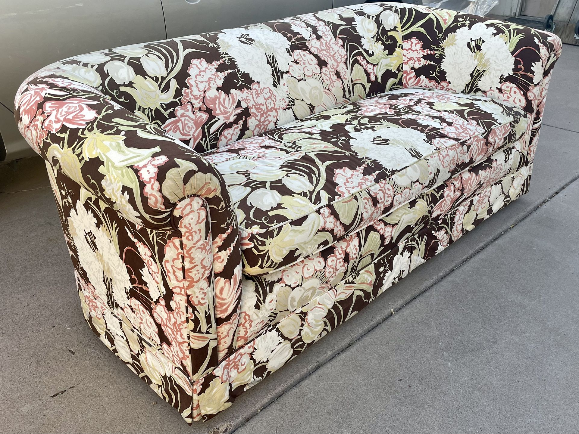 Gorgeous Vintage Mid Century Modern Martin Brattrud Tulip Brown Floral Sofa on Brass Casters