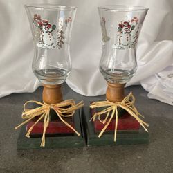Pair of  Winter/Holiday Snowman Votive cups with wooden bases