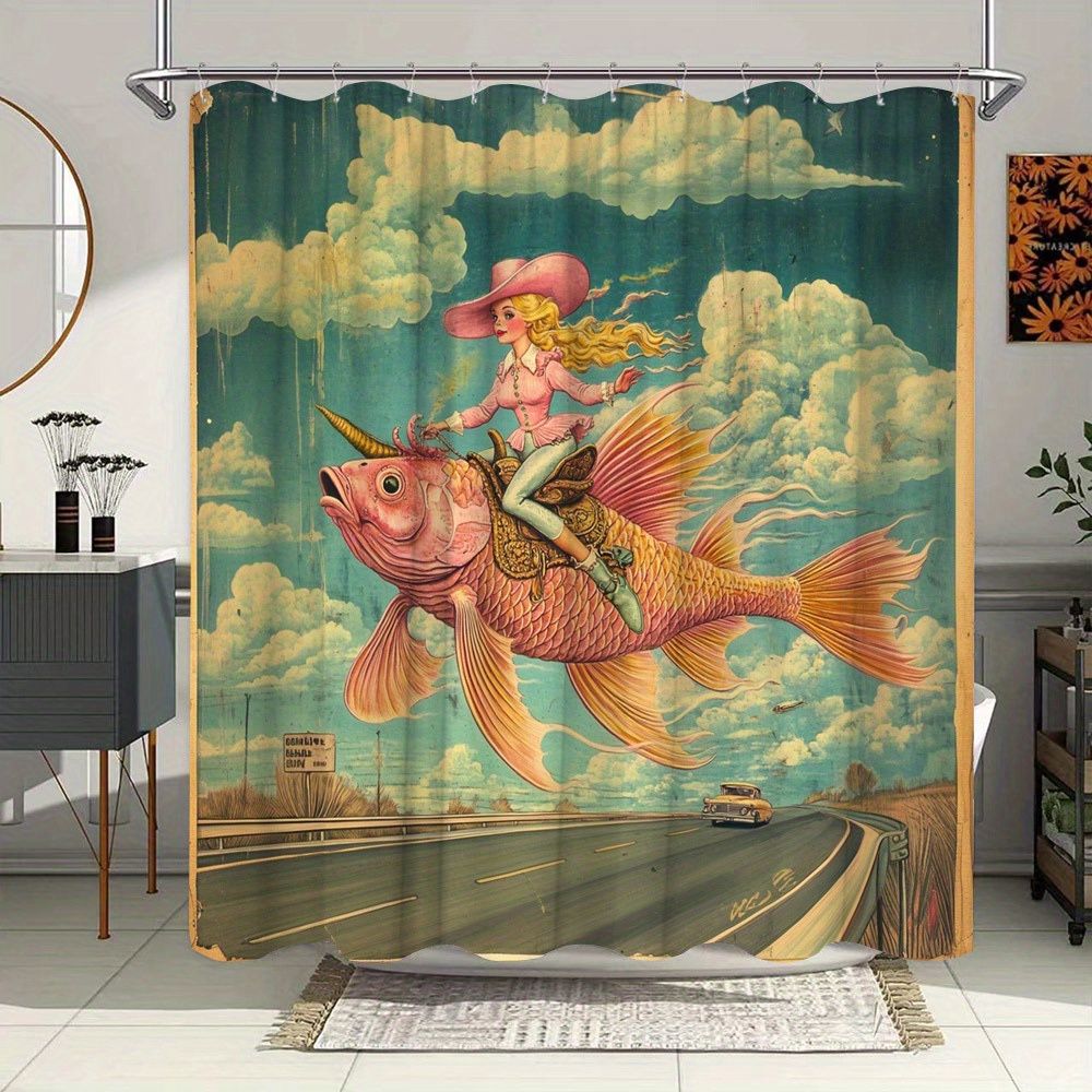 New Country Cowgirl Blonde Woman Fish Unicorn Tapestry Home Decor Shower Curtain