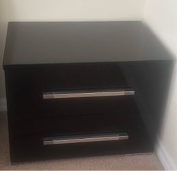 Black 2-Drawer Nightstand – Glossy Finish with Silver Handles