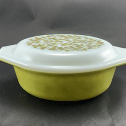 Vintage Pyrex Divided Casserole Dish, Verde/Green Olive Pattern, 1.5 Qt, w/ Lid