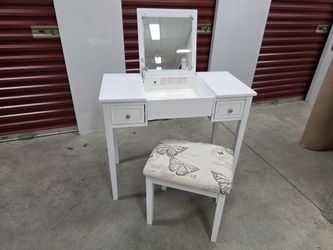 White Flip-Top Vanity Desk with Flip Mirror, 2 Drawers, and Matching Upholstered Stool