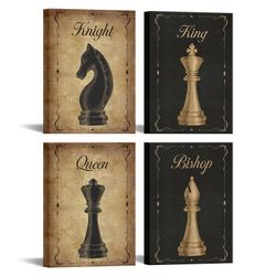RnnJoile Chess Canvas Wall Art King and Queen Pictures Wall Decor Vintage Board Game Poster Home Chess Club Decoration Framed 12"x16" Each