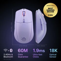 Brand New SteelSeries Rival 3 Wireless Gen 2 Gaming Mouse - 2.4GHz and Bluetooth - 18000 DPI TrueMove Air Optical Sensor - 60 Million Click Durability