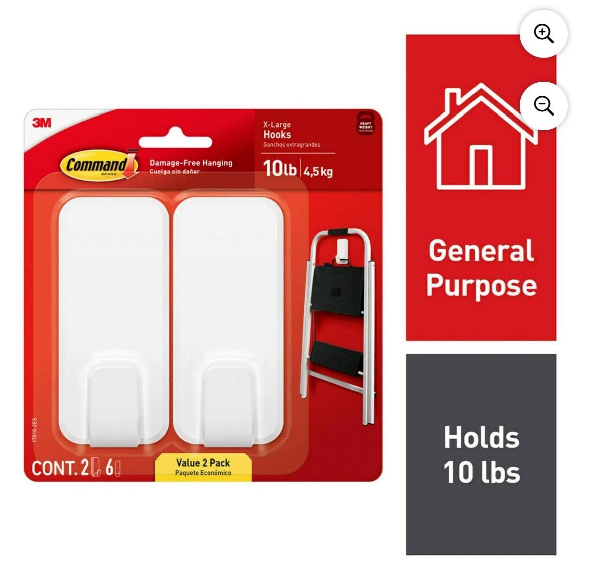 Command 10 Lb XL Heavyweight Wall Hook, White, Damage Free Decorating, 2 Command Hooks. I have 5 packs