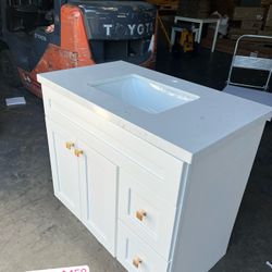 36”white single sink bathroom vanity with carrara white marble stone top