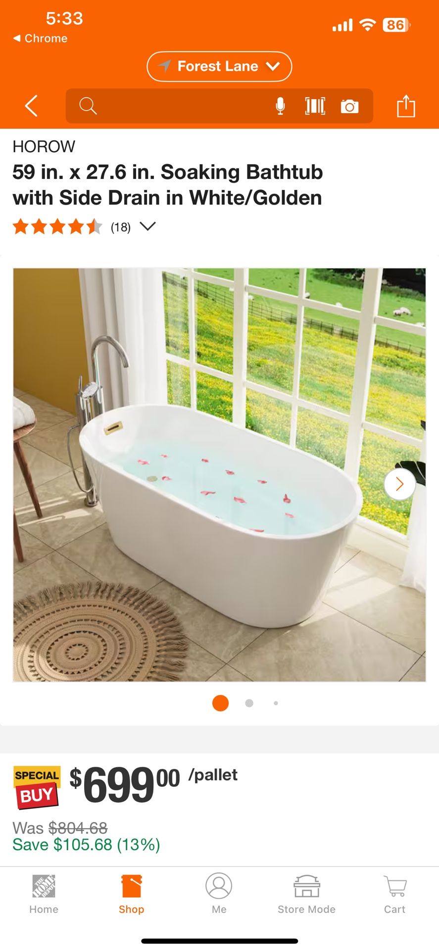 59 in. x 27.6 in. Soaking Bathtub with Side Drain in White/Golden. New in open box.