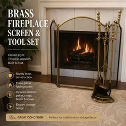 Vintage Solid Brass Fireplace Screen & 5-Piece Tool Set – Traditional Hearth Decor