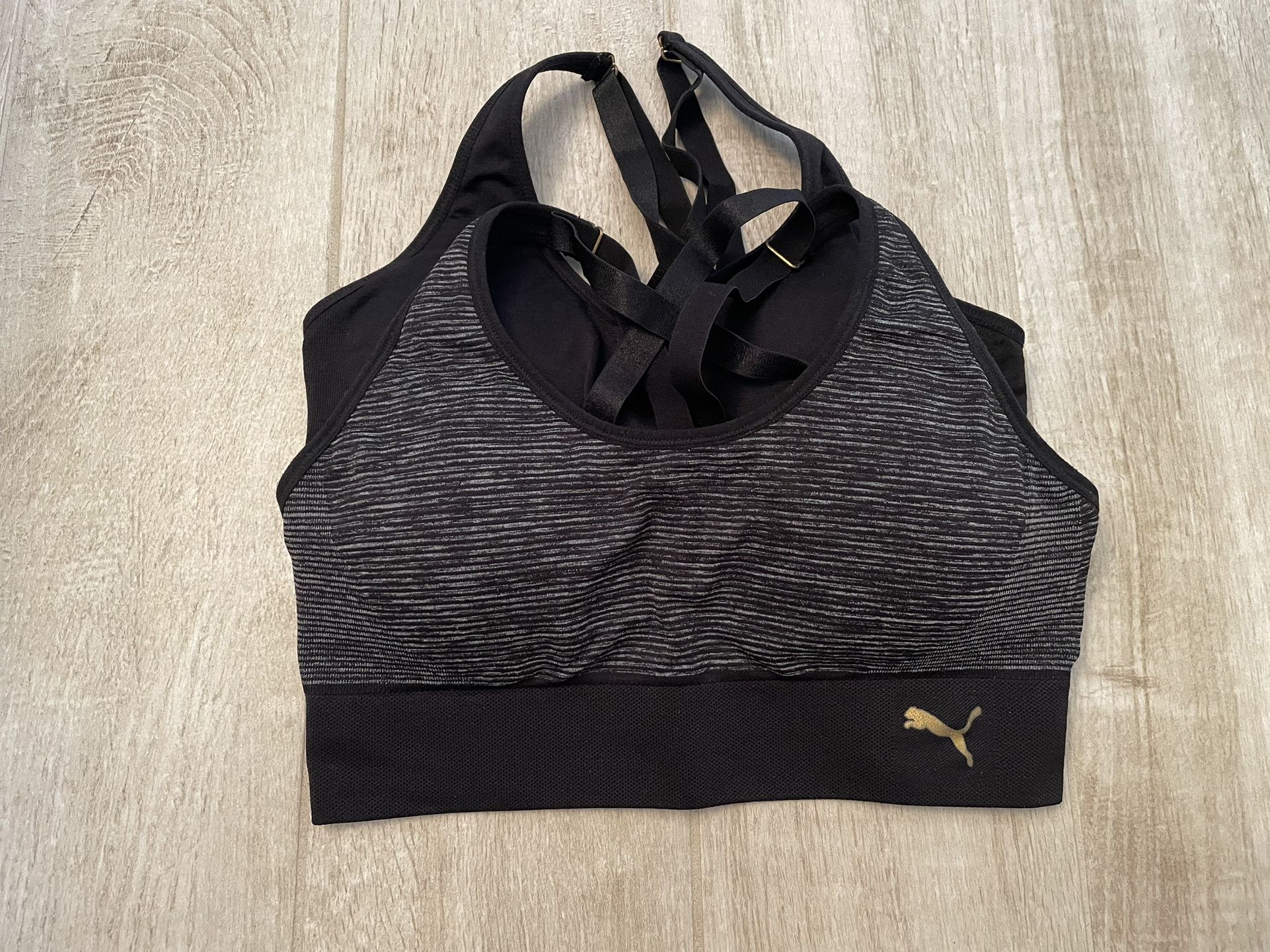 Puma Women’s Black & Black Stripe Padded Sports Bras, Size M, Set of 2