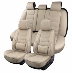 Beige Leather Car Seat Covers Full Set Breathable Seat Protectors Waterproof Automotive Seat Covers Universal Fit for Most Cars SUVs Trucks Vehicles