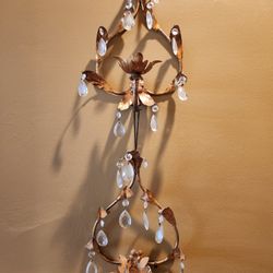 Antique/Vintage Gold Gilt Metal & Glass Crystal Candle Holder/Candelabra Lamp Sconces/Wall Art Work Decor