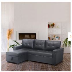 78 in. W. Dark Gray, Reversible Faux Leather Sleeper Sectional Sofa Storage Chaise Pull Out Convertible Sofa Dark Gray