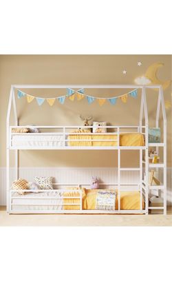 Twin over Twin White Metal House Bunk Bed with Shelves