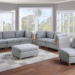 Brand New Grey 7pc Modular Sofa Set w Ottoman 