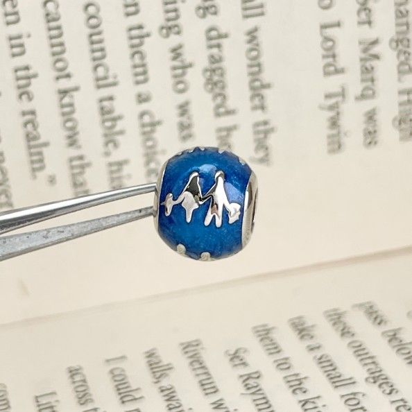 Round Charm Bead with Blue Sparkling Resin & Couple Design, Romantic Love Theme, Fits Pandora Bracelets