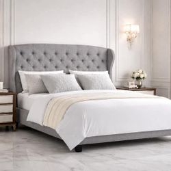 Queen size bed frame Wingback Bed/Tufted Headboard Adjustable Bed Gray B-23