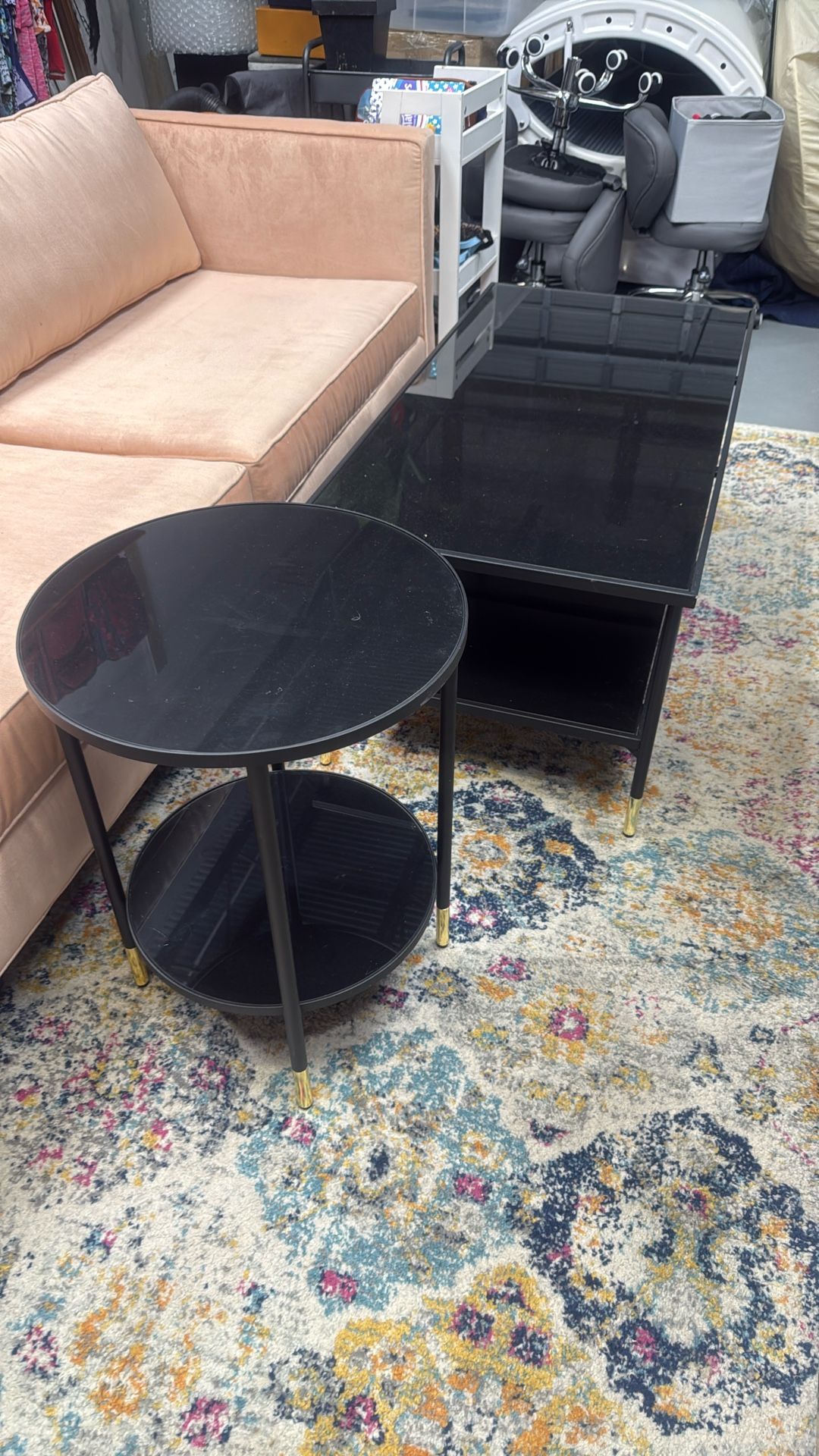 Matching Set, Black Metal, Coffee Table, And End Table With Black Tinted Glass And Gold Legs