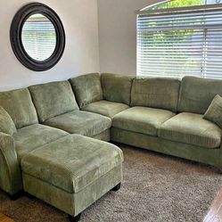 New 99x99 Sage Corduroy Sectional Couch With Ottoman 