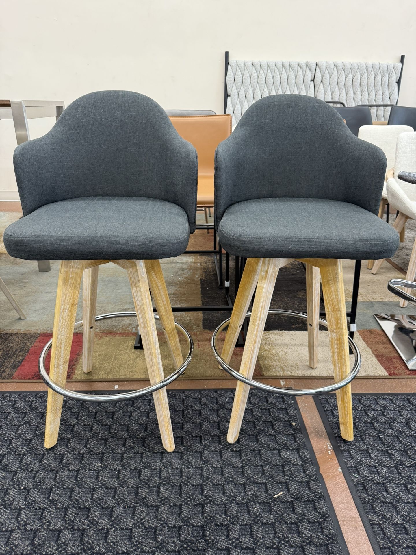 26 inch Counter Bar Stool in Grey Fabric, Wood & Chrome Metal (Set of 2)